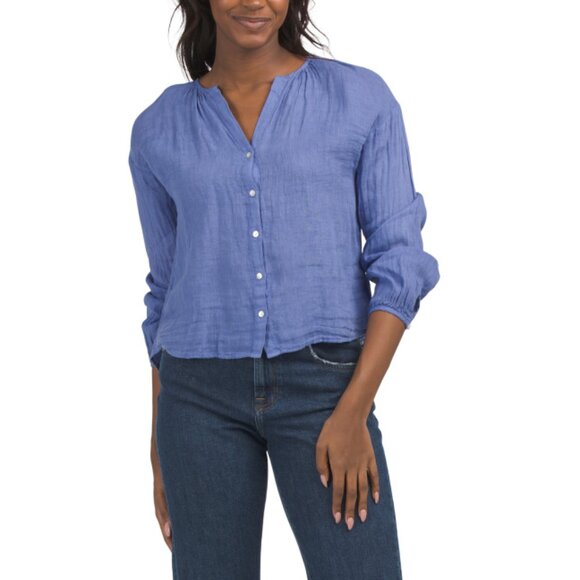 BELLA DAHL Blue Linen Shirred Neck Blouse - Picture 1 of 2
